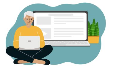 Yaşlılar ve teknoloji kavramı. Bilgisayarlı bir büyükanne bilgisayarı inceliyor siteyi inceliyor. Vektör illüstrasyonu