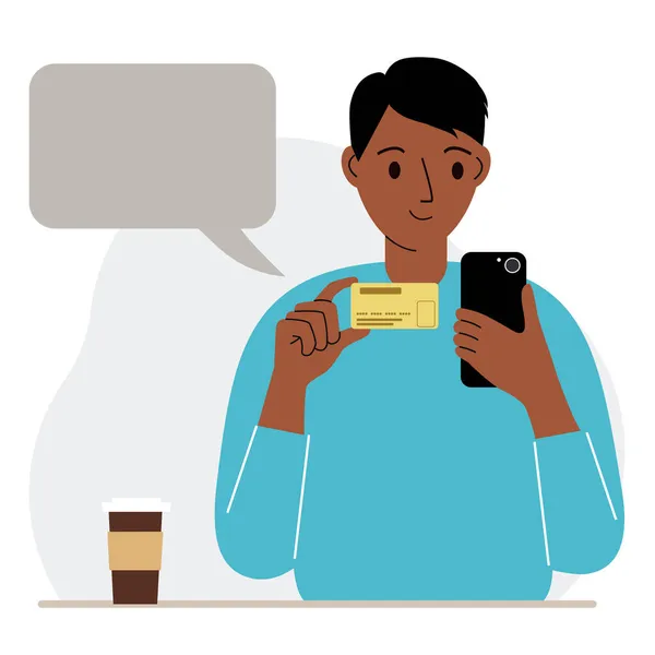 携帯電話を手にした男が銀行カードを持っている コンセプトクレジット 支払い デビットオンライン ベクトル平図 — ストックベクタ