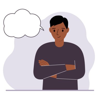 Young man with a smile thinks and blank thought, speech bubble. The arms are crossed over the chest. Place for your text. Vector flat illustration vector Young man with a smile thinks and blank thought, speech bubble. The arms are crossed over the chest. Place for your text. Vector flat illustration vector