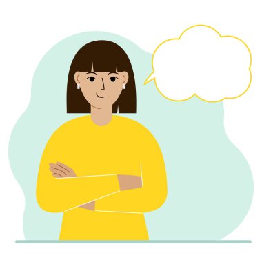 Young woman with a smile thinks and blank thought, speech bubble. The arms are crossed over the chest. Place for your text. Vector flat illustration vector Young woman with a smile thinks and blank thought, speech bubble. The arms are crossed over the chest. Place for your text. Vector flat illustration vector