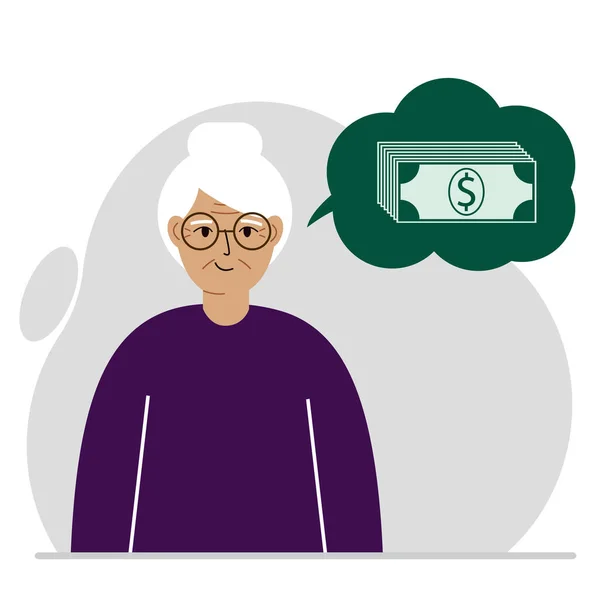 祖母は財政的な成功と収入の機会について考えている おばあちゃんはお金のことを考えている 財政的成功 ベクトル平図 — ストックベクタ