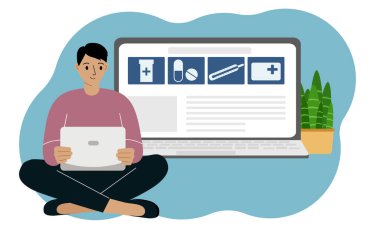 Çevrimiçi eczane, ilaç, tedavi kavramı. Adamın biri dizüstü bilgisayarla bacak bacak üstüne atmış oturuyor. İnternet sitesi açık bir laptop. Vektör düz resimleme