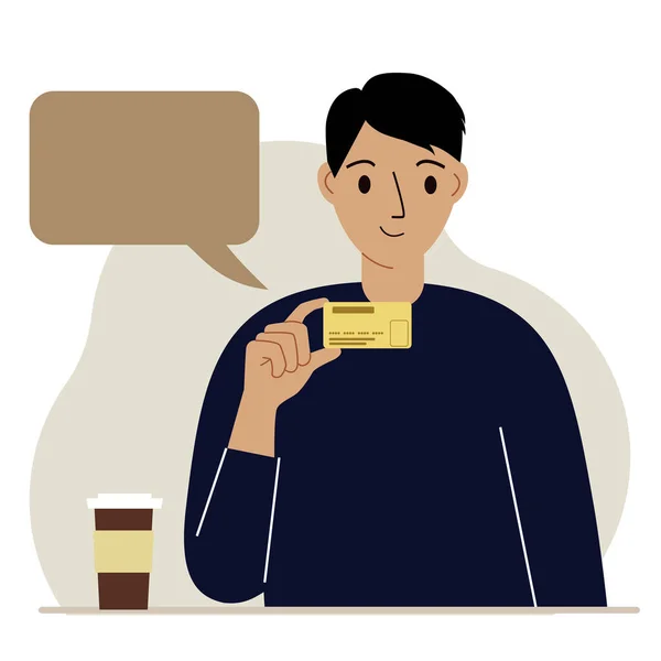 一个男人手里拿着银行卡 在线借记的概念 测试的地方 矢量平面插图 — 图库矢量图片