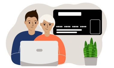 Laptoplu modern bir çift. İlerici erkekler ve kadınlar sipariş vermek, ödemek veya internetten kredi kartıyla almak için dizüstü bilgisayar kullanırlar. Vektör düz resimleme