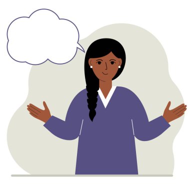 Gülümseyen ve boş düşünen genç bir kadın, konuşma balonu. Eller ayrık. Mesajın için yer aç. Vektör düz resimleme