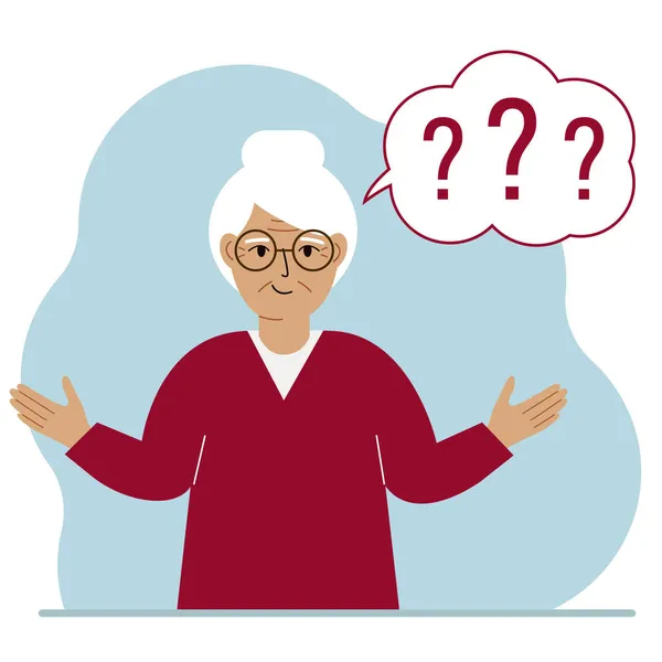 Εννοιολογική Απεικόνιση Μιας Γιαγιάς Που Έχει Πολλές Ερωτήσεις Και Ερωτηματικά — Διανυσματικό Αρχείο