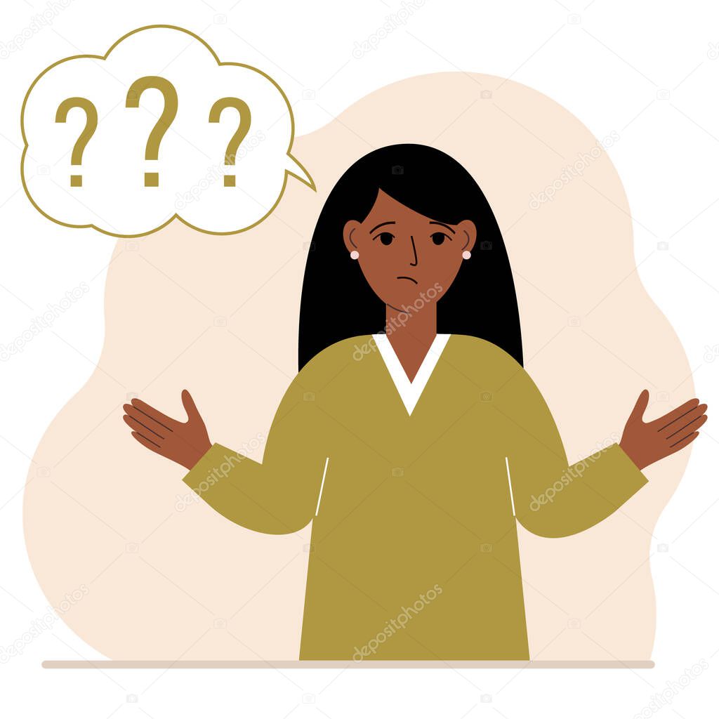 Illustration of a woman who is confused, questioning. Want to find answers. People around the question mark. Woman expressions are in a daze and need help. Vector flat illustration