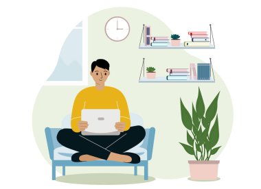 Evdeki bir adam dizüstü bilgisayarla koltukta oturuyor. İnternet üzerinden uzaktan çalışma ya da iletişim. Tatmin olmuş, neşeli. Vektör düz resimleme.