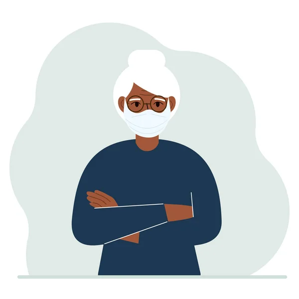 保護医療用フェイスマスクの祖母 老婦人はウイルス 都市大気汚染 スモッグ および汚染ガスの排出に対する保護を身に着けている ベクトル平図 — ストックベクタ
