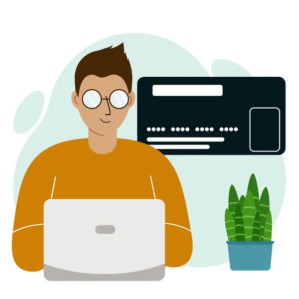 Koncepcja Płatności Online Zamknij Dużą Kartę Kredytową Mężczyzna Trzymający Laptopa — Wektor stockowy