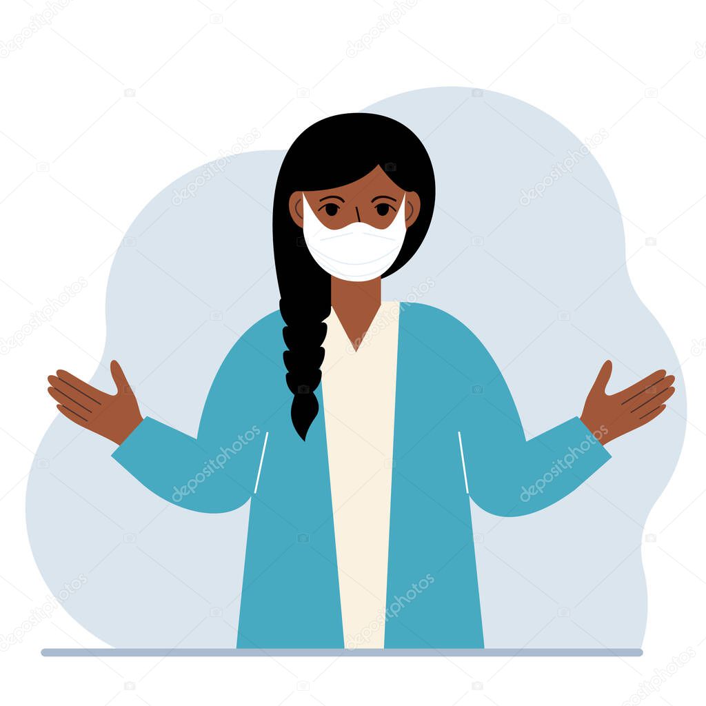 A woman in a protective medical face mask. The woman wears protection against viruses, urban air pollution, smog, vapors, and polluting gas emissions. Vector flat illustration.
