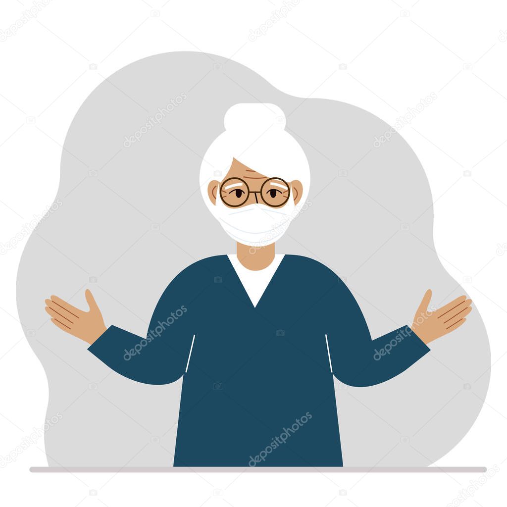 Grandmother in a protective medical face mask. The old woman wears protection against viruses, urban air pollution, smog, vapors, and polluting gas emissions. Vector flat illustration.