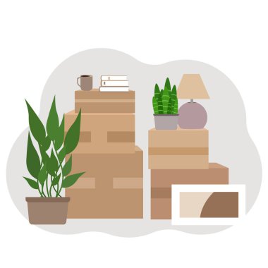 Evden gelen çeşitli şeylerin olduğu bir sürü karton kutu. Eve taşınma kavramı. Vektör düz resimleme