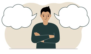 A sad man tries to make the right decision. Left and right empty bubbles. Comparison of the two solutions. Vector flat illustration vector A sad man tries to make the right decision. Left and right empty bubbles. Comparison of the two solutions. Vector flat illustration vector