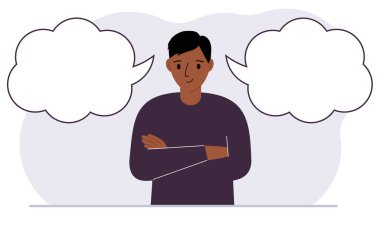 A satisfied man tries to make the right decision. Left and right are empty bubbles. Comparison of the two solutions. Vector flat illustration vector A satisfied man tries to make the right decision. Left and right are empty bubbles. Comparison of the two solutions. Vector flat illustration vector