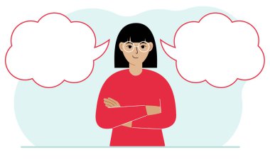 A satisfied woman tries to make the right decision. Left and right are empty bubbles. Comparison of the two solutions. Vector flat illustration vector A satisfied woman tries to make the right decision. Left and right are empty bubbles. Comparison of the two solutions. Vector flat illustration vector
