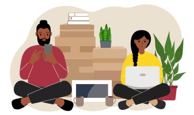 Karşılıklı dizüstü bilgisayarlı ve cep telefonlu bir çift teslimat siparişi veriyor. Karton kutularda bir sürü şey var. Aile başka bir eve taşınmaya hazırlanıyor. Vektör düz resimleme.