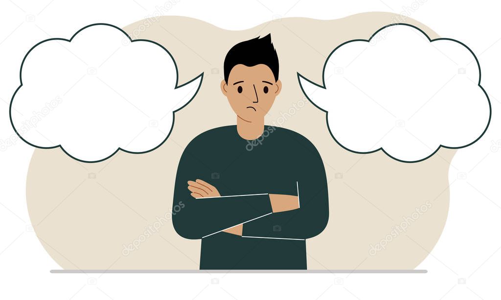 A sad man tries to make the right decision. Left and right empty bubbles. Comparison of the two solutions. Vector flat illustration