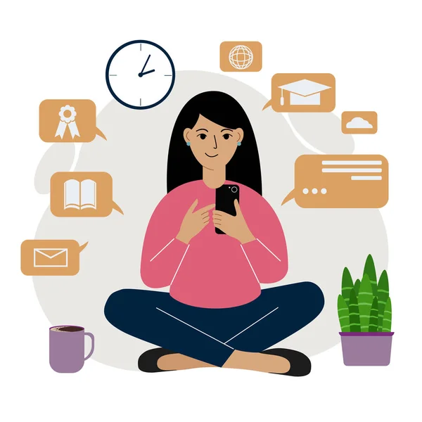 Ηλεκτρονική Εκπαίδευση Αυτομελέτη Μια Γυναίκα Κάθεται Ένα Κινητό Τηλέφωνο Και — Διανυσματικό Αρχείο