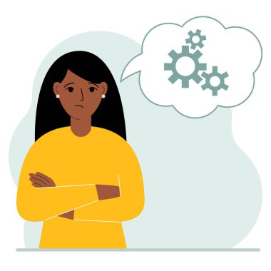 Üzgün kadın, rüyaların dişli konsepti olduğunu düşünür. Bir sorunu çözmeyi düşünen kadın ya da iş kadını. Üç vitesli bir balon. Vektör düz resimleme.