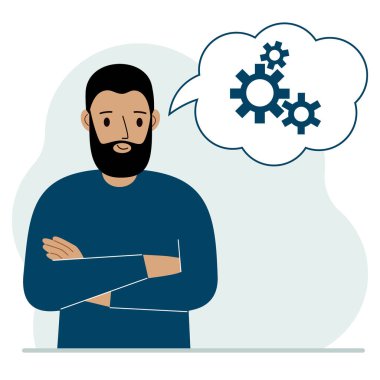 Mutlu adam vites konseptiyle hayal kurmayı düşünüyor. Bir adam ya da bir iş adamı bir sorunu çözmeyi düşünüyor. Üç vites görüntülü balon. Vektör düz resimleme.