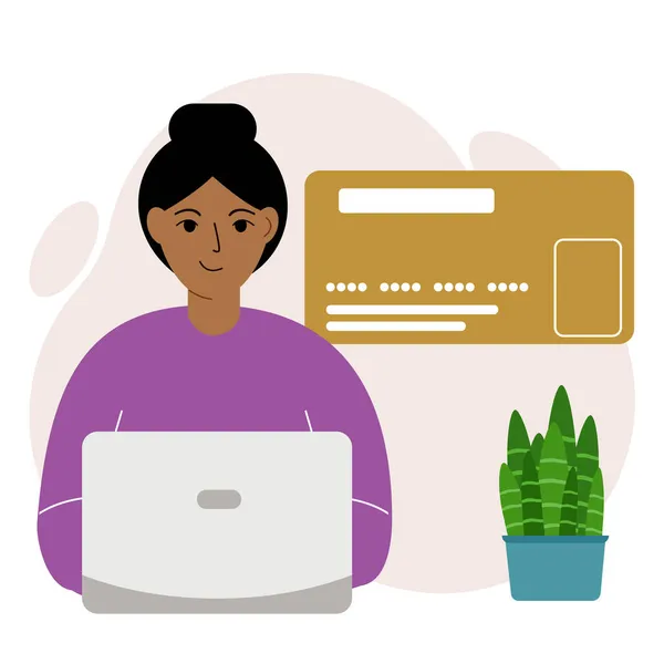 Koncepcja Płatności Online Zamknij Dużą Kartę Kredytową Kobieta Trzymająca Laptopa — Wektor stockowy