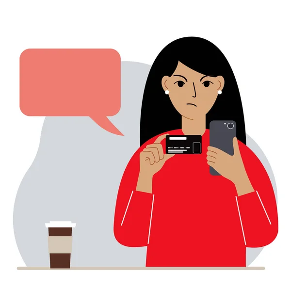 Kvinna Med Mobiltelefon Handen Håller Ett Bankkort Koncept För Avvisande — Stock vektor
