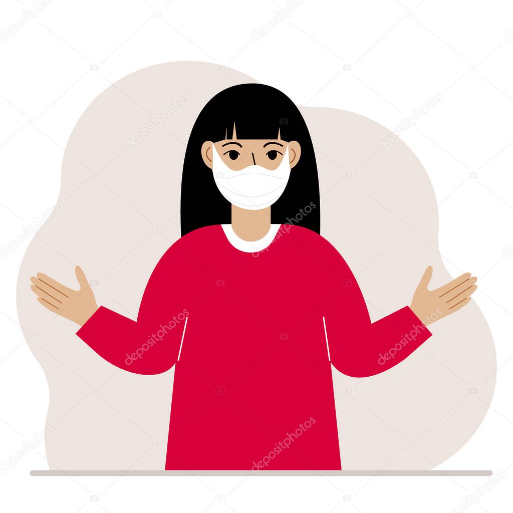 A woman in a protective medical face mask. The woman wears protection against viruses, urban air pollution, smog, vapors, and polluting gas emissions.