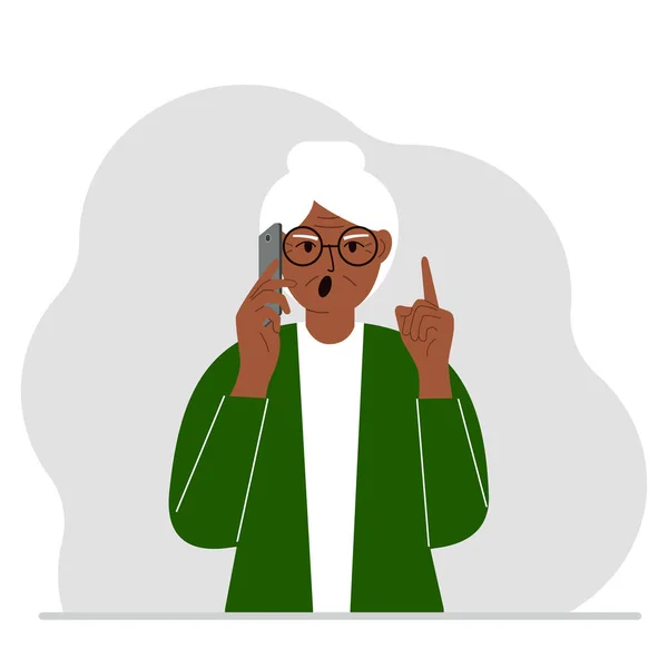 Ordító Nagymama Beszél Egy Mobilon Érzelmekkel Egyik Kéz Másikkal Mutatóujjal — Stock Vector