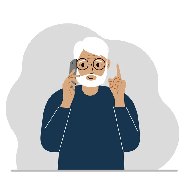 Usmívající Dědeček Mluví Mobilu Emocemi Jedna Ruka Telefonem Druhá Ukazováčkem — Stockový vektor