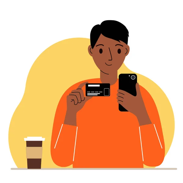 Man Med Mobiltelefon Handen Håller Ett Bankkort Begreppskredit Insättning Betalning — Stock vektor