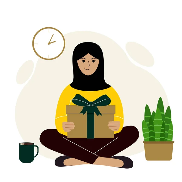スカーフを被ったイスラム教徒の女性が贈り物を持ち 足を組んで座っている ギフトボックスを持っている若い女性 ポスター ポストカード バナー 平面ベクトル — ストックベクタ