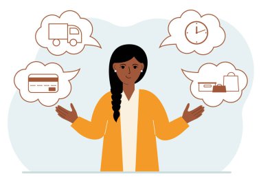 Sipariş ve teslim süreci kavramları. Mutlu kadın ve teslimat emrinin adımları. Ödeme, teslimat arabası, bekleme saatleri, mallar ve alımlar. Vektör düz resimleme