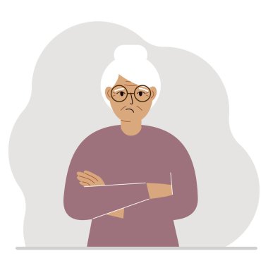 Yaşlı kadın üzgün ve üzgün. Kollar göğsün üzerinde çaprazlanmış. Vektör düz resimleme