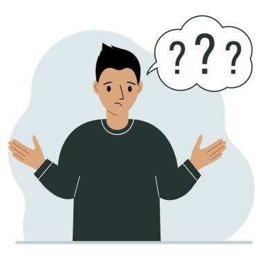 Kafası karışmış, sorgulayan bir adamın tasviri. Cevapları bulmak istiyorum. Soru işaretinin etrafındaki insanlar. Erkek ifadeleri sersemlemiş durumda ve yardıma ihtiyaçları var. Vektör düz resimleme