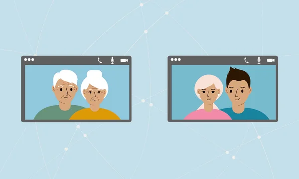 Begreppet Sociala Nätverk Internetkommunikation Mellan Släktingar Videokonferens Ett Par Äldre — Stock vektor