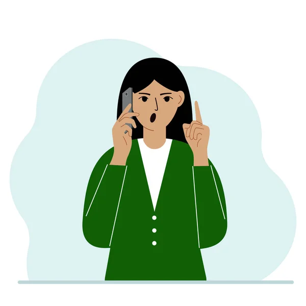 悲鳴を上げる女性感情を携帯電話で話している 一方では 電話では 前指をジェスチャーアップでもう一方 ベクトル平図 — ストックベクタ