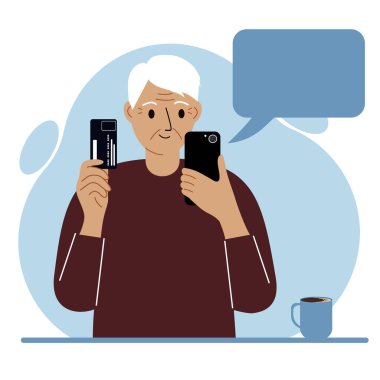 Dedem bir elinde cep telefonu, diğer elinde plastik kart tutuyor. Yaşlı bir adam internet üzerinden ödeme yapmayı öğreniyor. Vektör düz resimleme