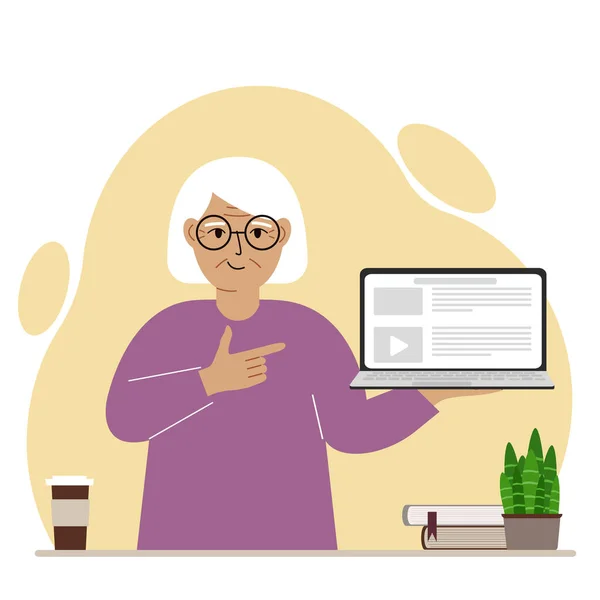 Szczęśliwa Babcia Trzymająca Laptopa Jedną Ręką Wskazująca Niego Drugą Koncepcja — Wektor stockowy
