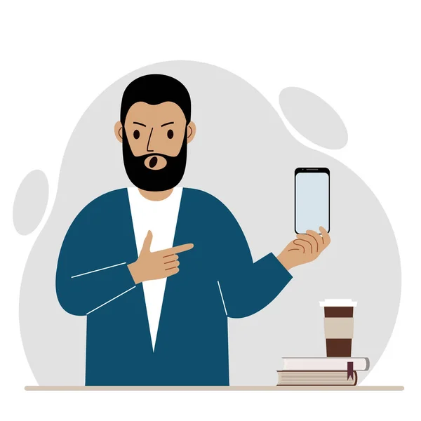 Кричущий Чоловік Тримає Мобільний Телефон Одній Руці Вказує Нього Вказівним — стоковий вектор