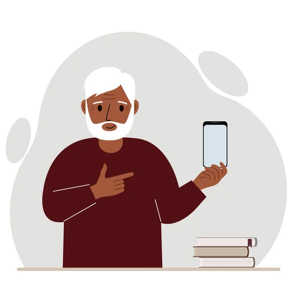 一个快乐的祖父一手拿着一部手机 用另一只手的食指指着它 矢量平面插图 — 图库矢量图片#