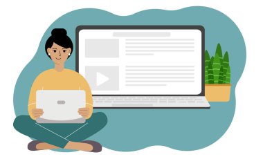 Bir kadın dizüstü bilgisayarla bacak bacak üstüne atmış oturuyor. İnternet sitesi açık bir laptop. Vektör düz resimleme