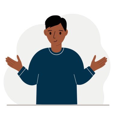 Gülümseyen ve kolları farklı yönlere açılmış genç bir adam. Vektör düz resimleme