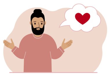 Mutlu adam aşkı düşünür. Düşünce balonunda kırmızı bir kalp var. Vektör düz resimleme