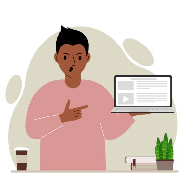 Çığlık atan bir adam dizüstü bilgisayarı bir eliyle tutarken diğer eliyle onu işaret ediyor. Dizüstü bilgisayar teknolojisi konsepti. Vektör düz resimleme