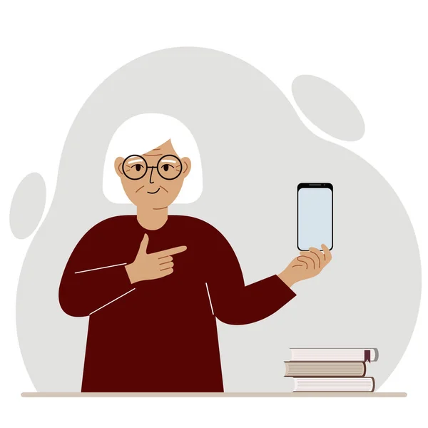 Щаслива Бабуся Тримає Мобільний Телефон Одній Руці Вказує Нього Вказівним — стоковий вектор