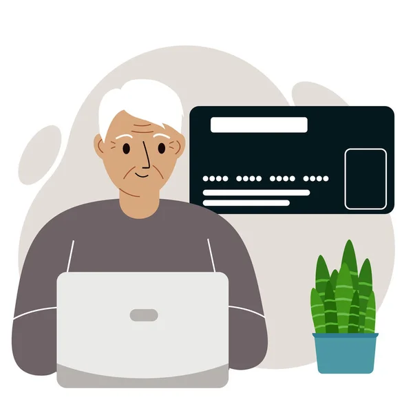 Online Betaalconcept Sluiten Van Een Grote Creditcard Oude Man Grootvader — Stockvector