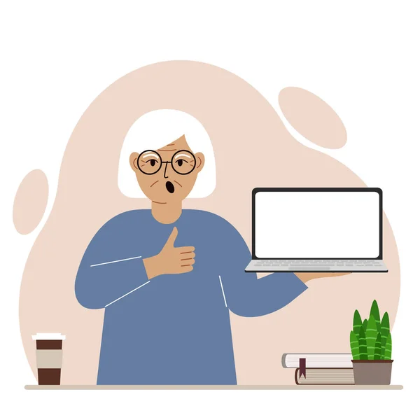 Bir büyükanne dizüstü bilgisayarını elinde tutuyor ve işaret veriyor. Dizüstü bilgisayar teknolojisi konsepti. Vektör — Stok Vektör