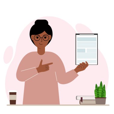 Memnun bir kadın elinde bir dokümanla bir pano tutuyor ve parmağını ona doğrultuyor. Vektör