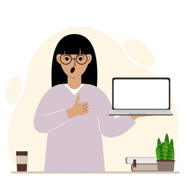 Bir kadın elinde dizüstü bilgisayar tutuyor ve baş parmak işareti gösteriyor. Dizüstü bilgisayar teknolojisi konsepti. Vektör